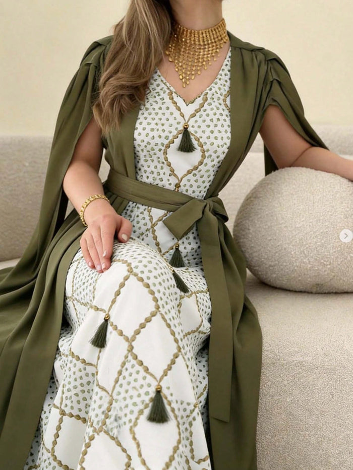 Women's Fashion V-neck Fringe Sleeve Arabic Style Dress