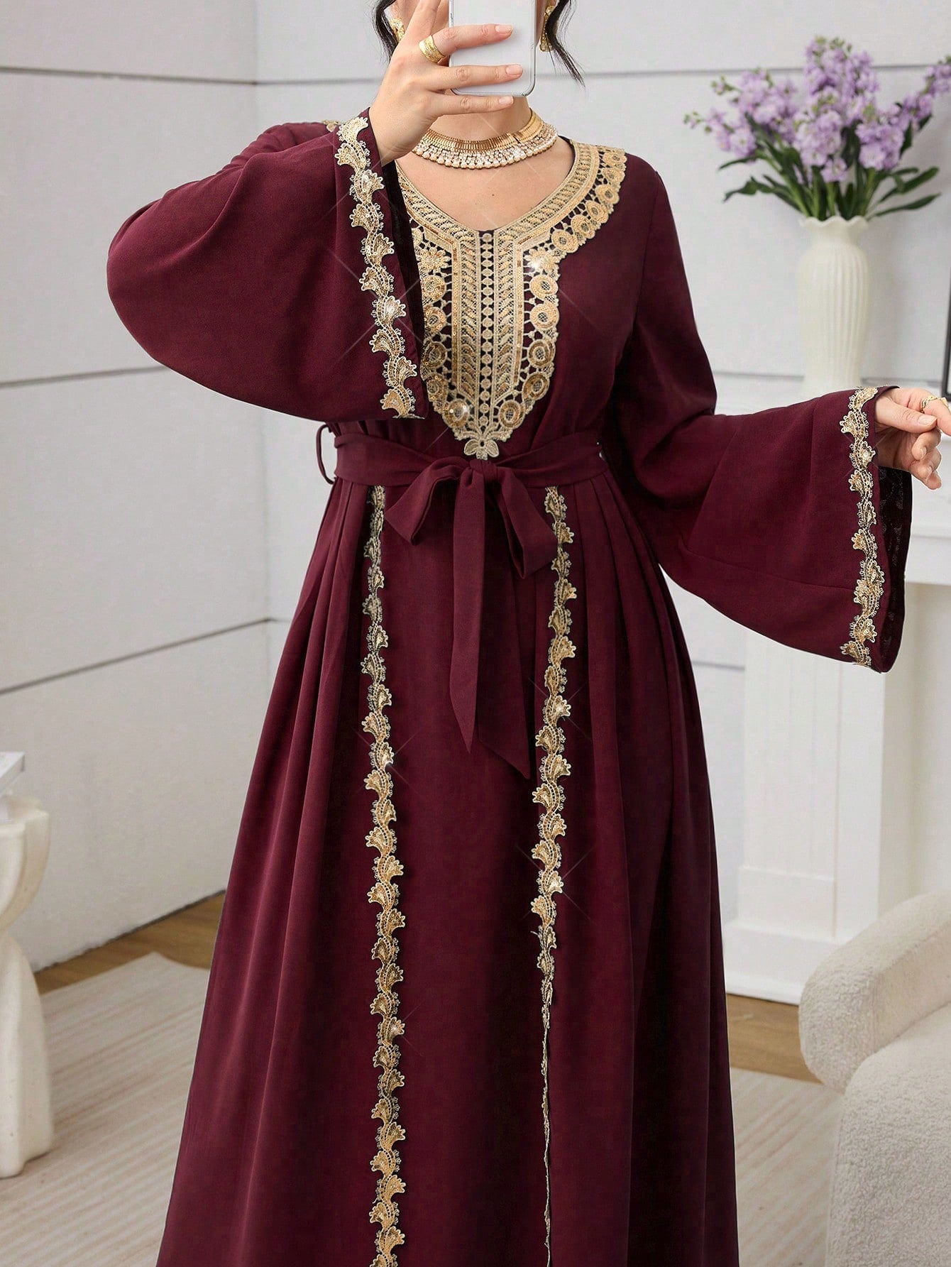 Women's Knotted Waist Embroidered Collar Pleated Casual Party Travel