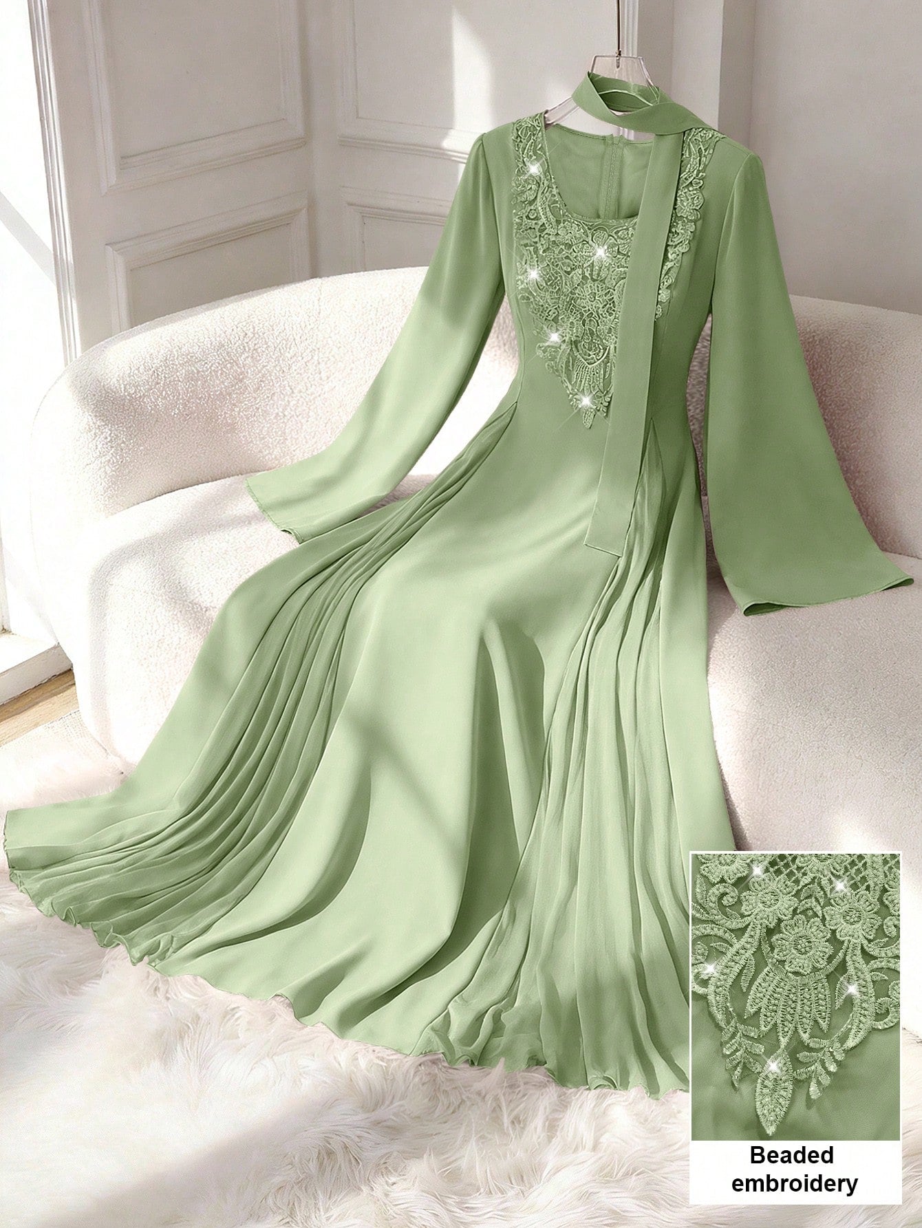 V-neck Beaded Embroidered Floral Ruffle Mesh Splice Fitted Long