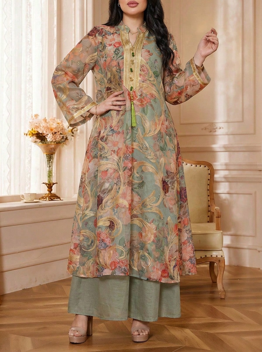 Women S Notched Collar Floral Print Random Print 2 in 1 Casual Long