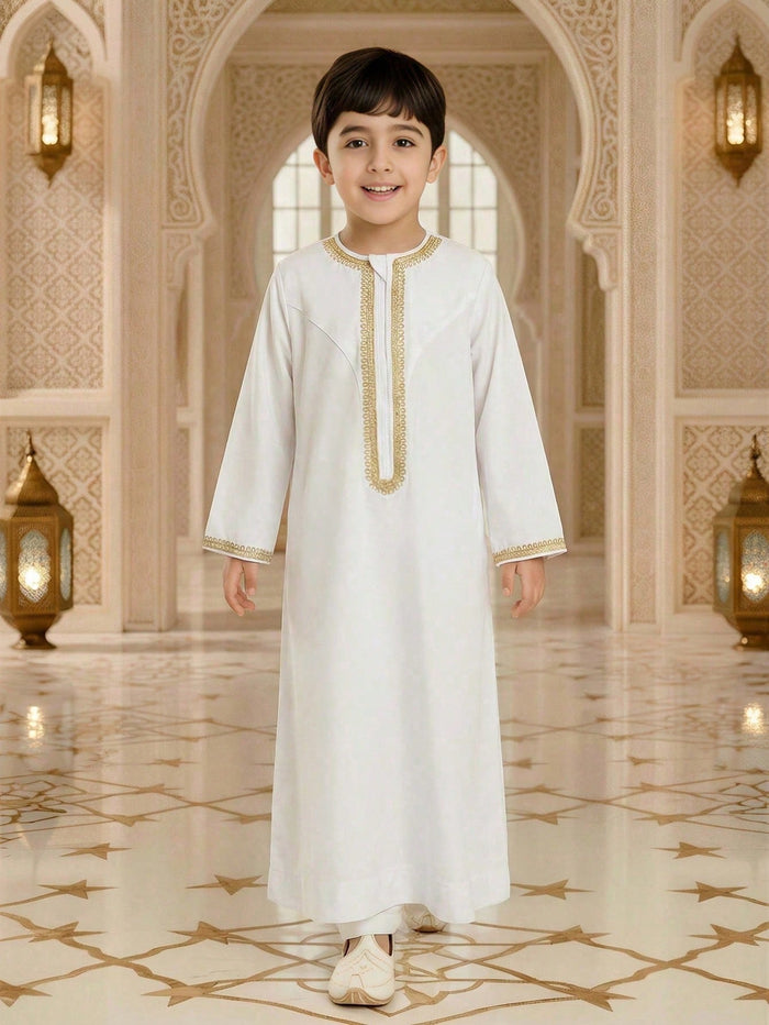 Boys' White Thobe with Gold Border Trim - White
