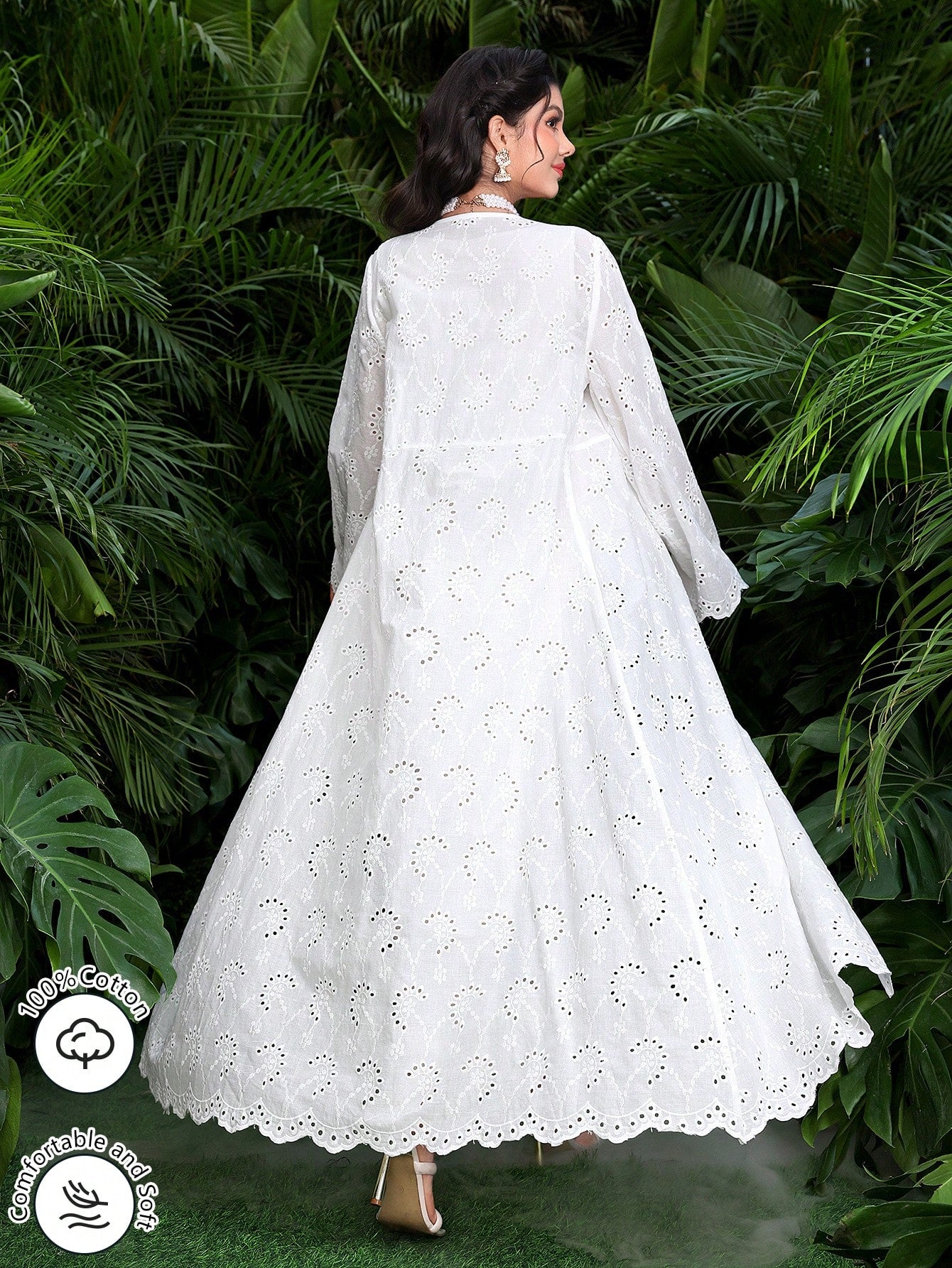 Women's White Fabric Long Abaya V Neck Casual Style with Plants