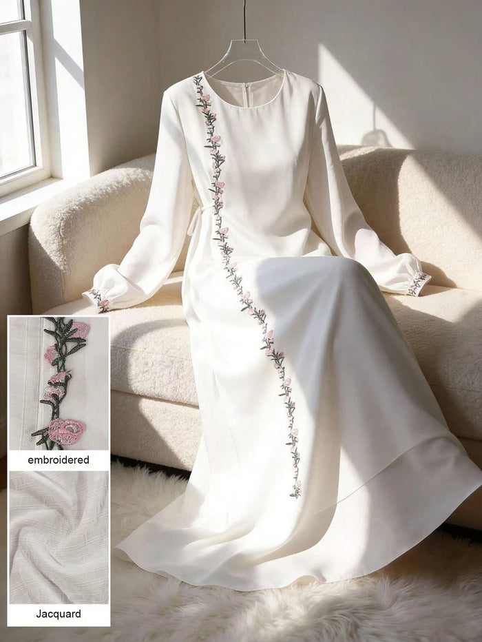 Elegant Floral Lace Splice Tie Side Long Sleeve Loose Robe