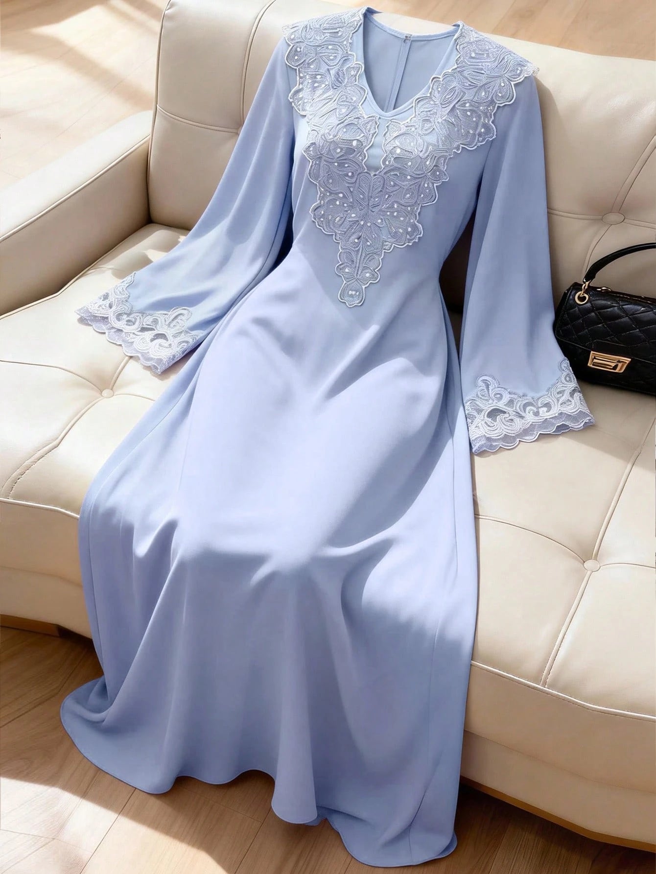 Solid Color V-neck Loose Embroidered Collar Elegant Long Sleeve