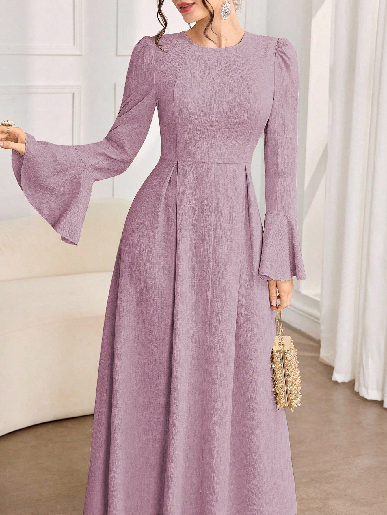 Women's Solid Color Round Neck Flare Sleeve Elegant Arabic Style Dress