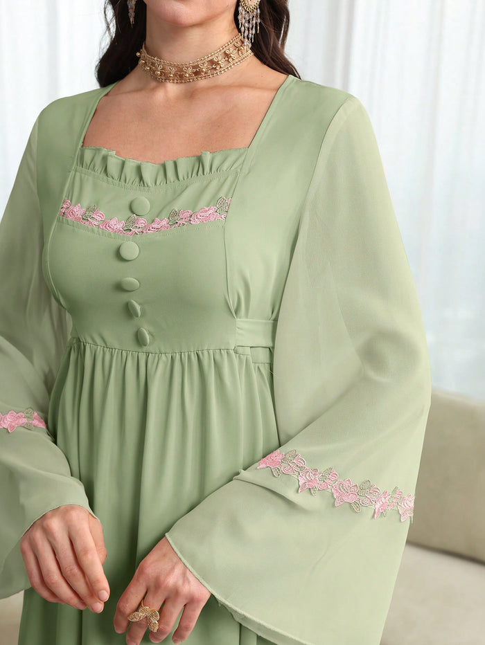 Romantic Square Neck Flare Sleeve Flowy Jalabiya Maxi Dress