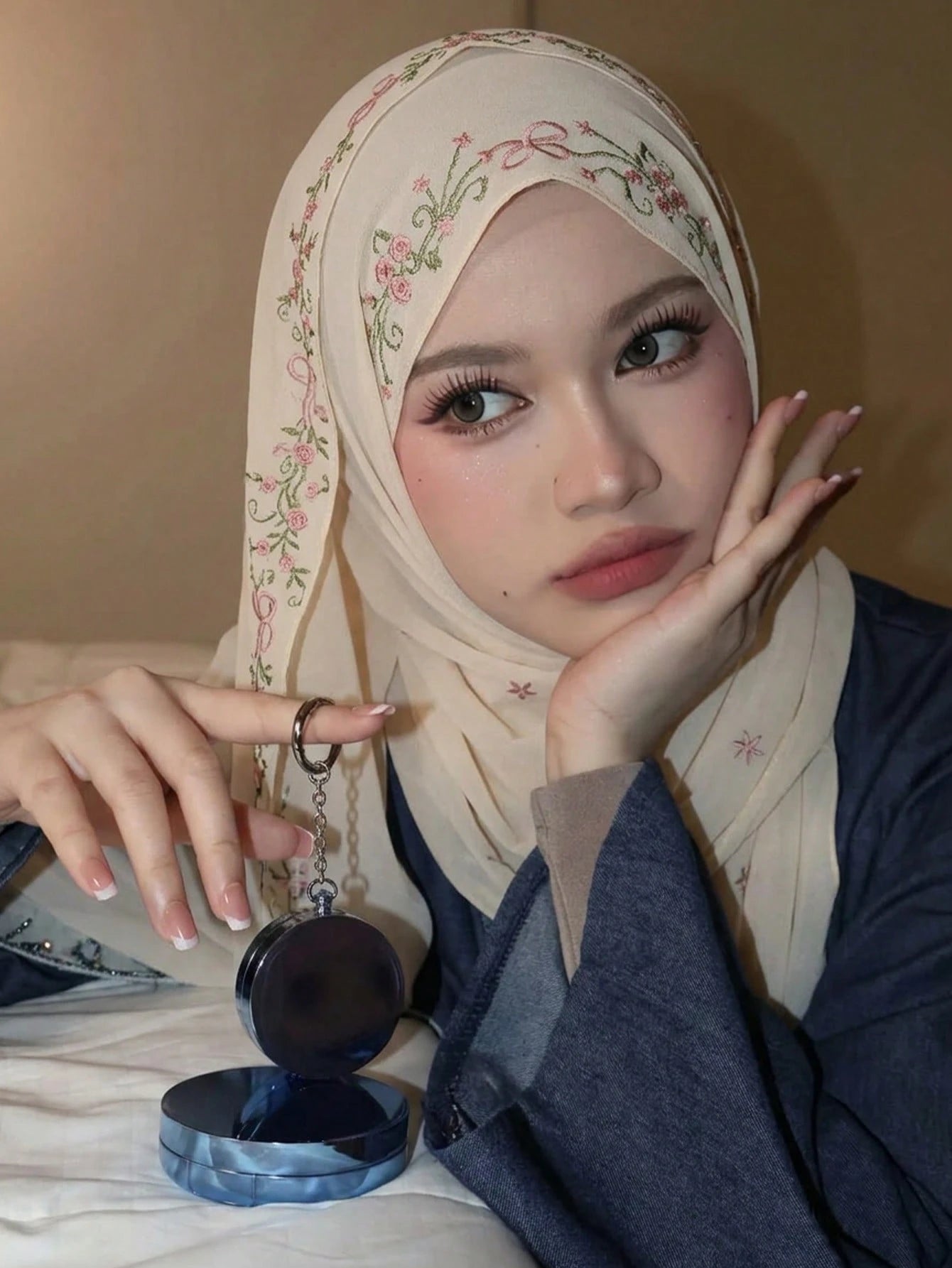 Floral Embroidered Chiffon Muslim Hijab