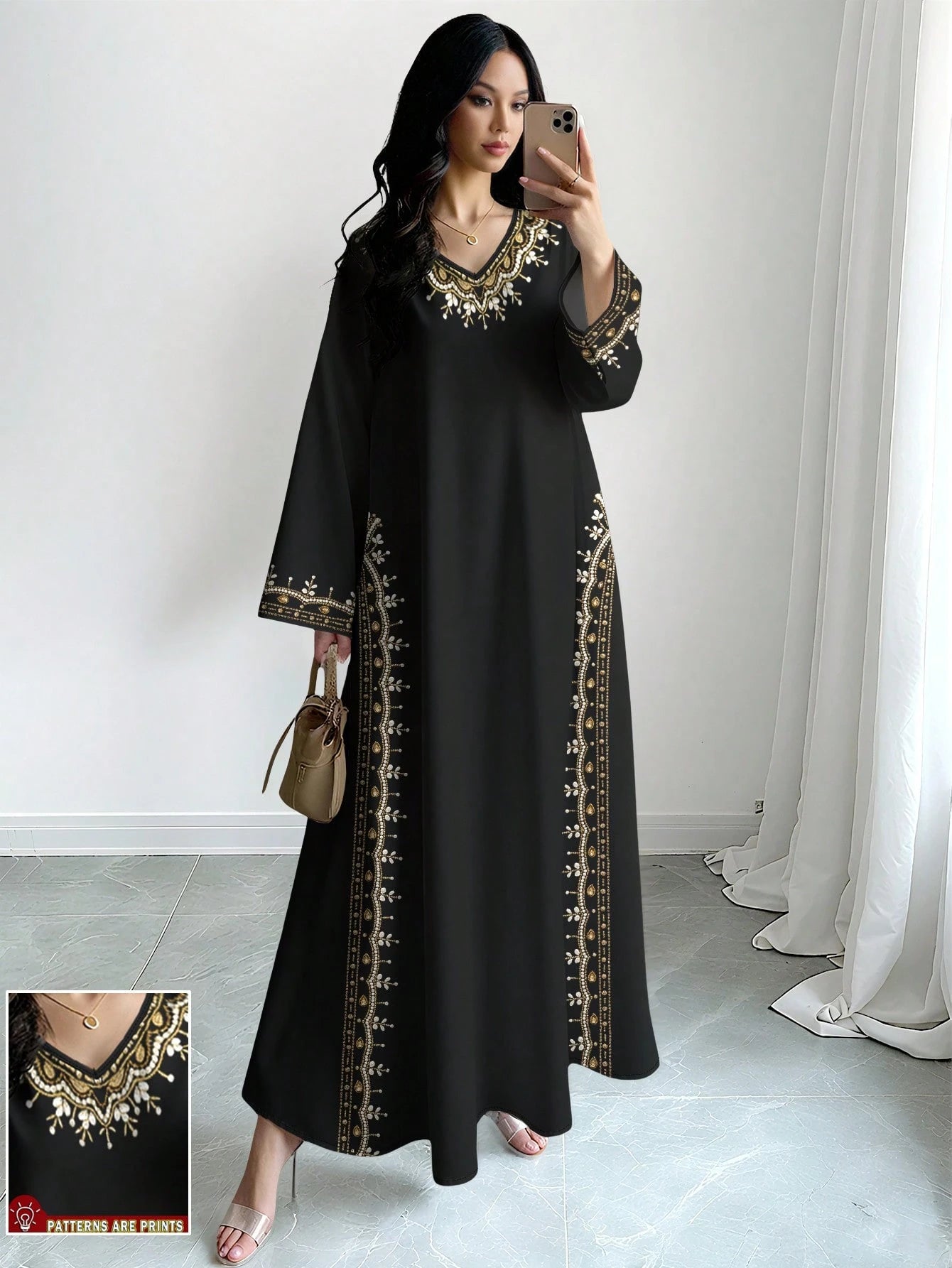 Women's Floral & Faux Pearl Print V-neck Long Sleeve Elegant Arabic