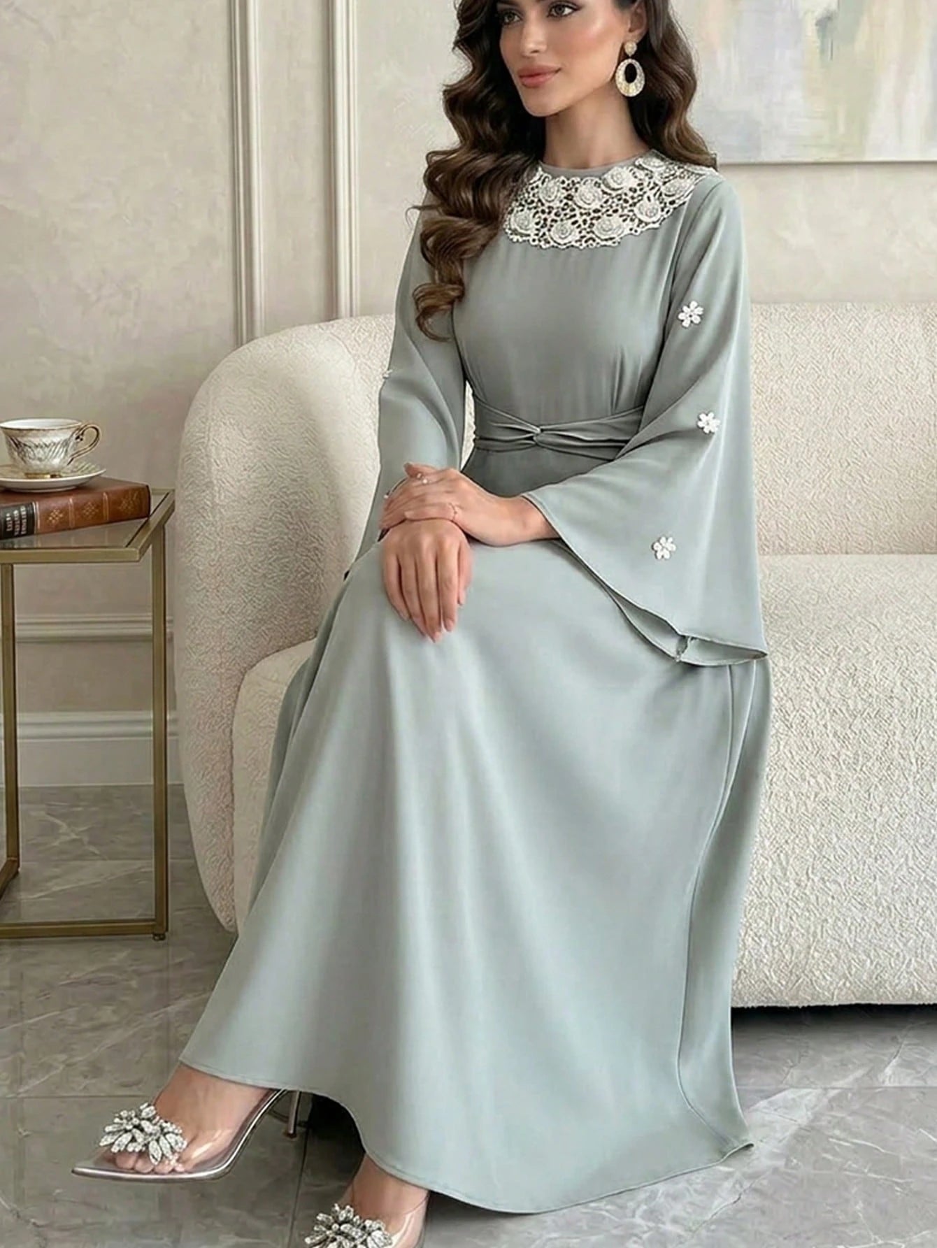 New Elegant Ruched Twist Waist Floral Collar Formal Dress