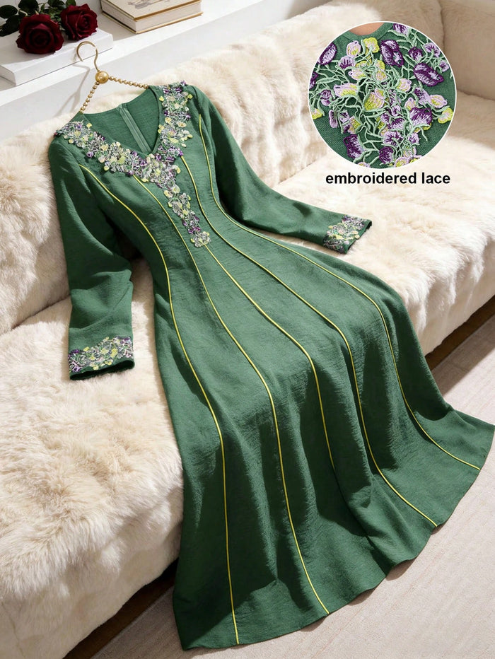 Embroidered Lace Patchwork Elegant Modest Long Sleeve Dress