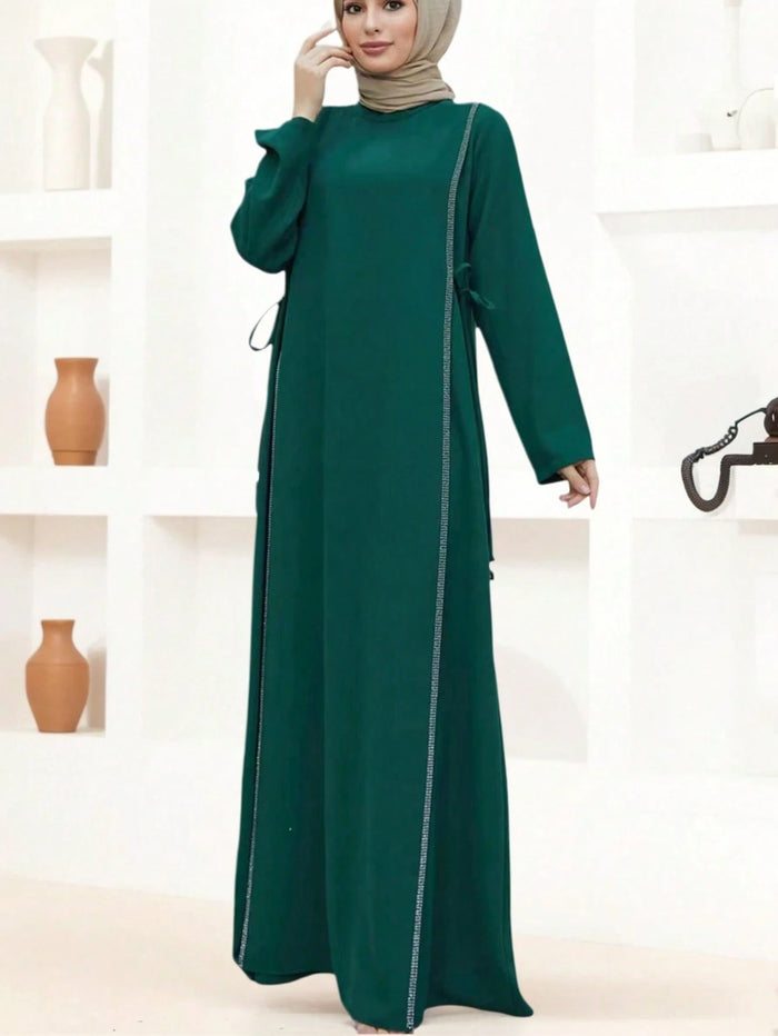 Modest Women's Green Rhinestone Trim Tie Side Abaya Long Sleeve