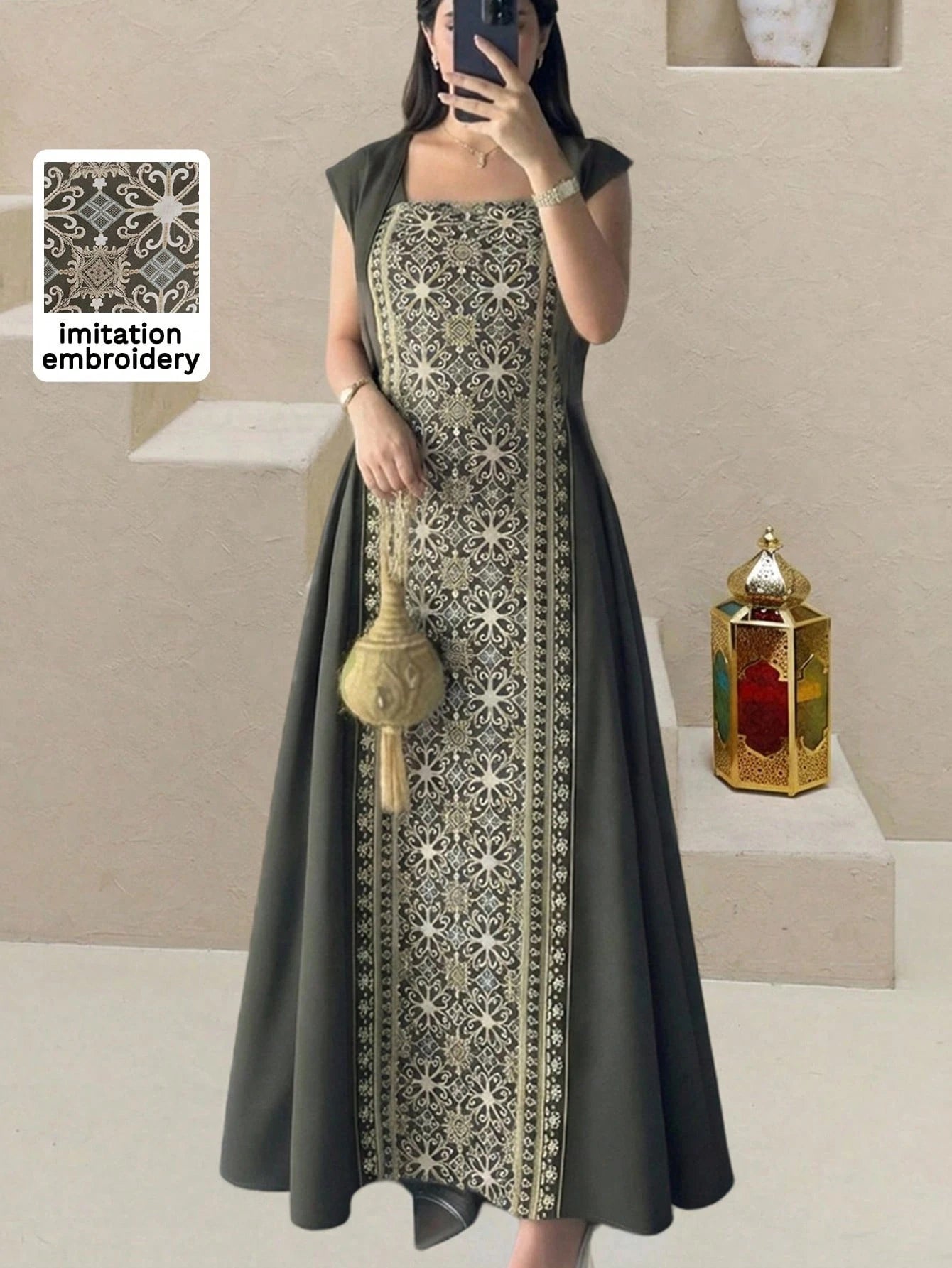 New Design Patchwork Cinched Waist Casual Party Vacation Dress Kaftan