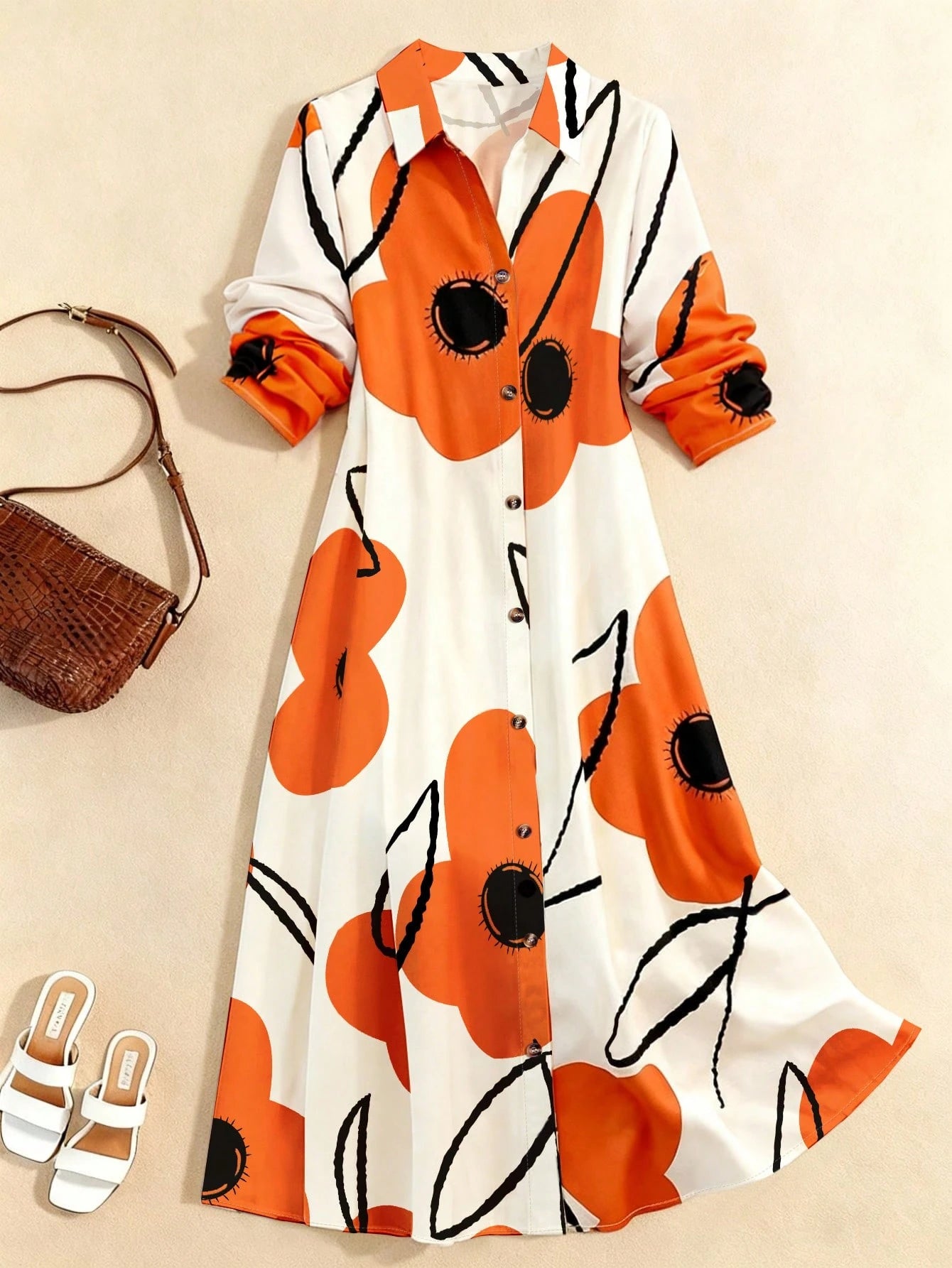 Random Floral Print Long Sleeve Dress for Women Maxi Women Outfit