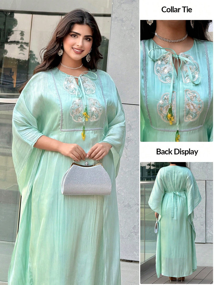 Women's Floral Embroidery Tie Neck Batwing Sleeve Elegant Arabic Dress