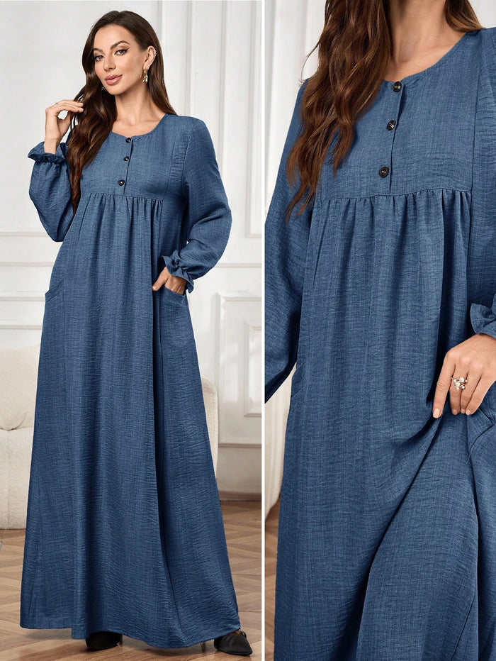 Women's Solid Color Button Half-placket Round Neck Long Sleeve Loose