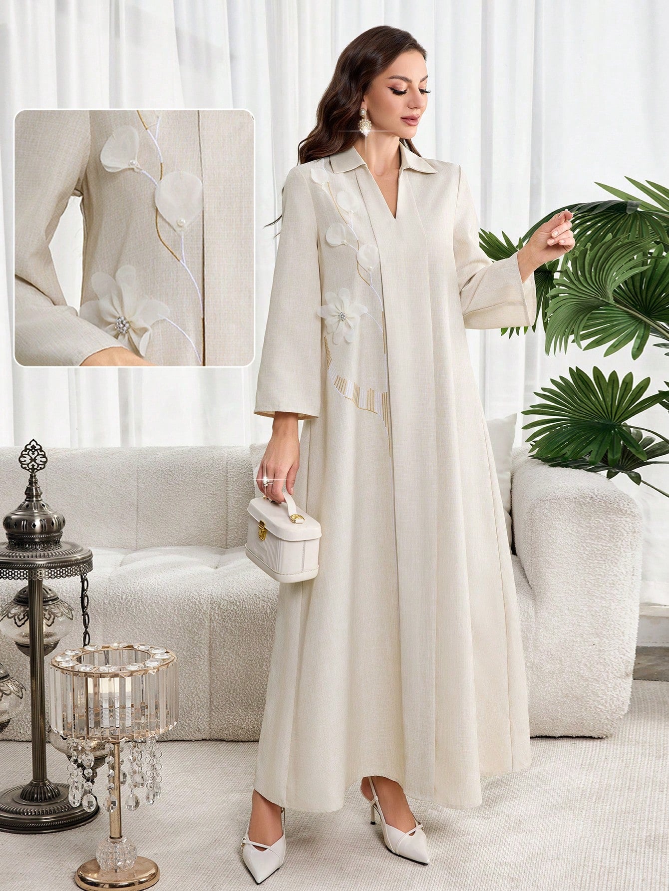 Women's Elegant Arabic Style Dress with 3d Floral Decor Collar Abayas