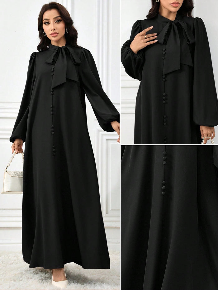 Women Elegant Solid Color Lantern Sleeve Tie Collar Arabian Dress for