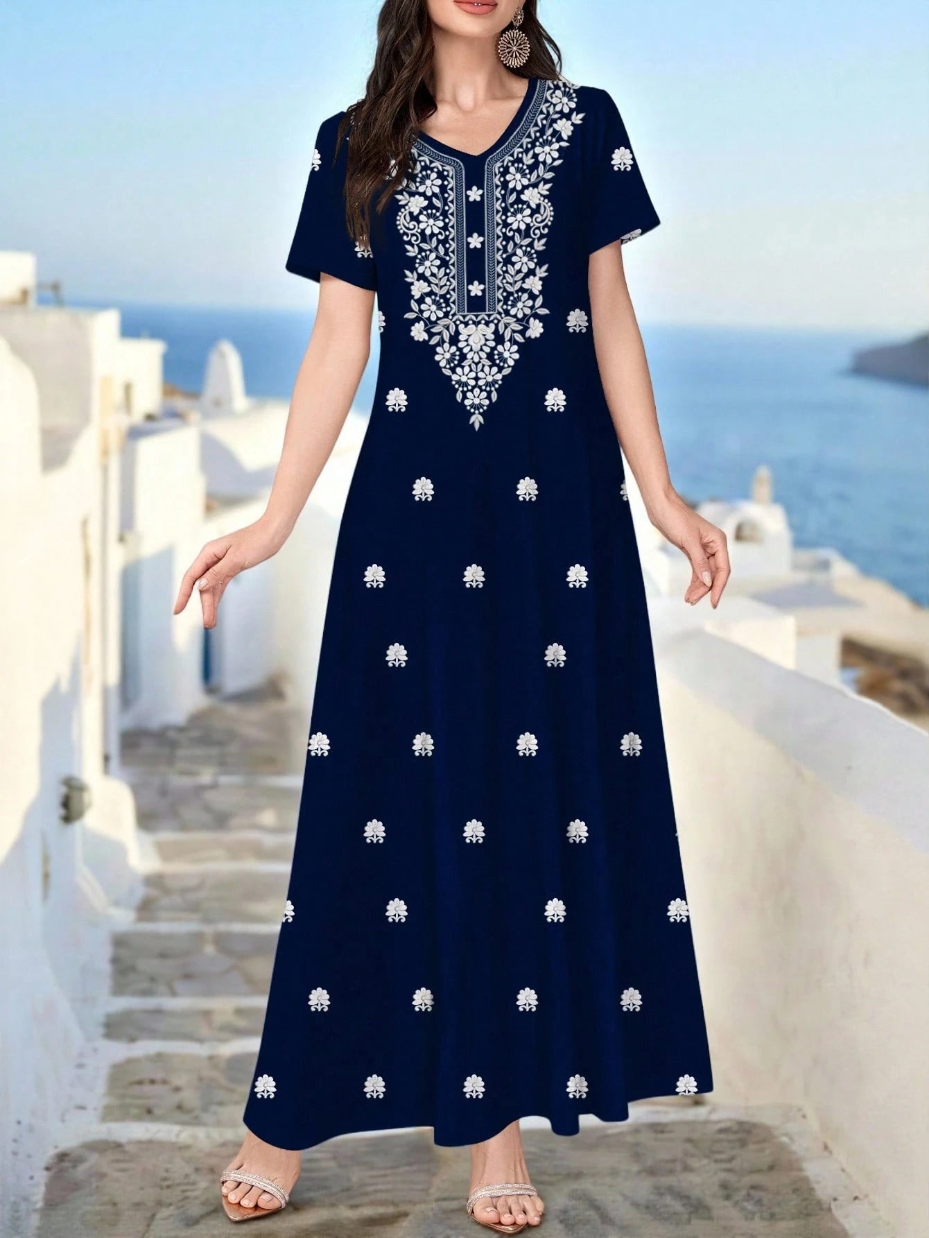 Navy Blue Elegant Lady V-neck Spring/summer Knit Short Sleeve Floral