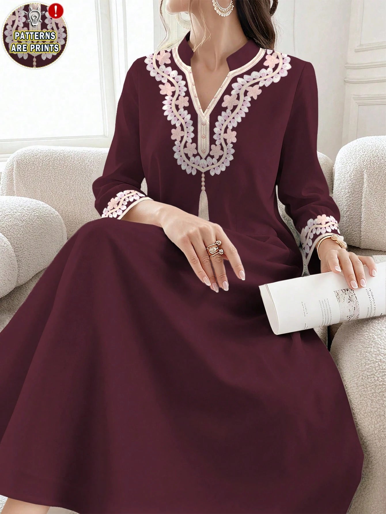Women's Floral Digital Print Elegant Long Sleeve Robe with Stand