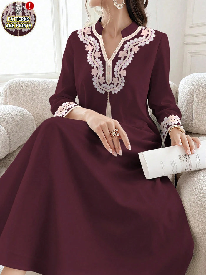 Women's Floral Digital Print Elegant Long Sleeve Robe with Stand