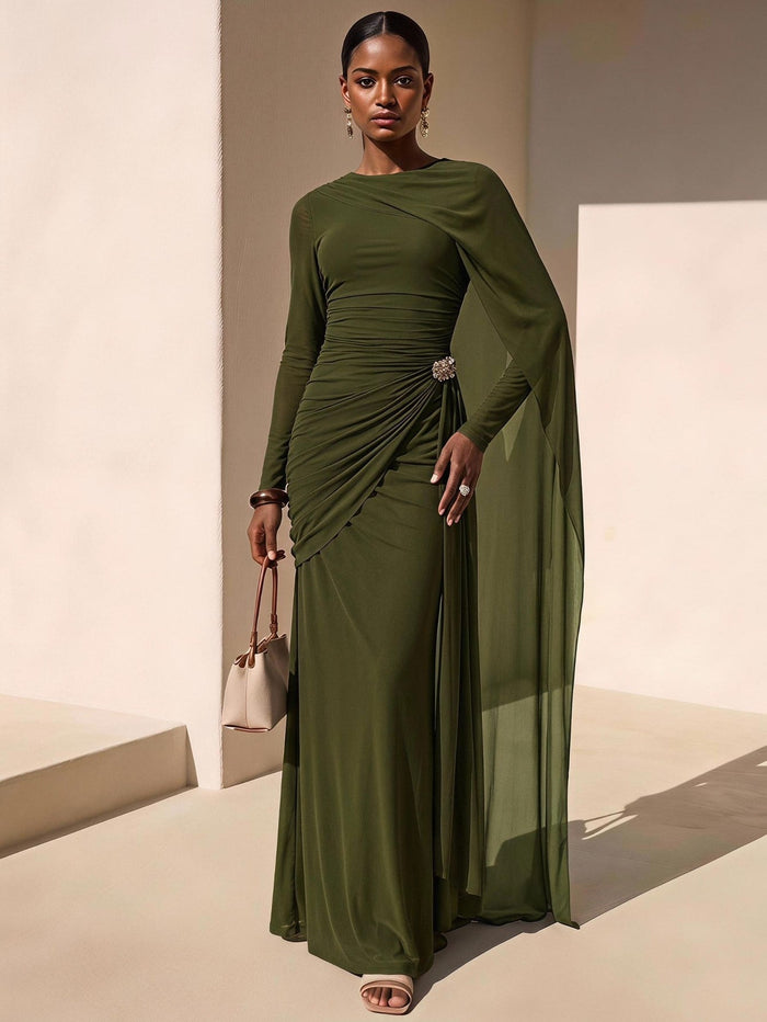 Cape-Shawl Long Sleeve Formal Dress with Metal Buckle - Army Green