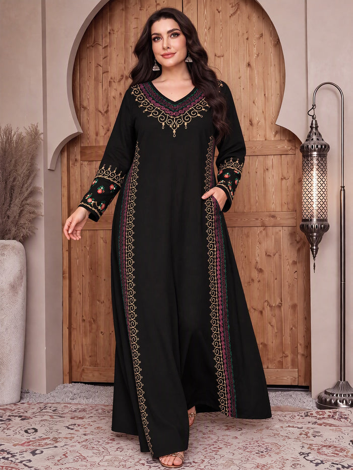Plus Size Swirl-Embroidered Abaya Dress with Pockets - Multicolor