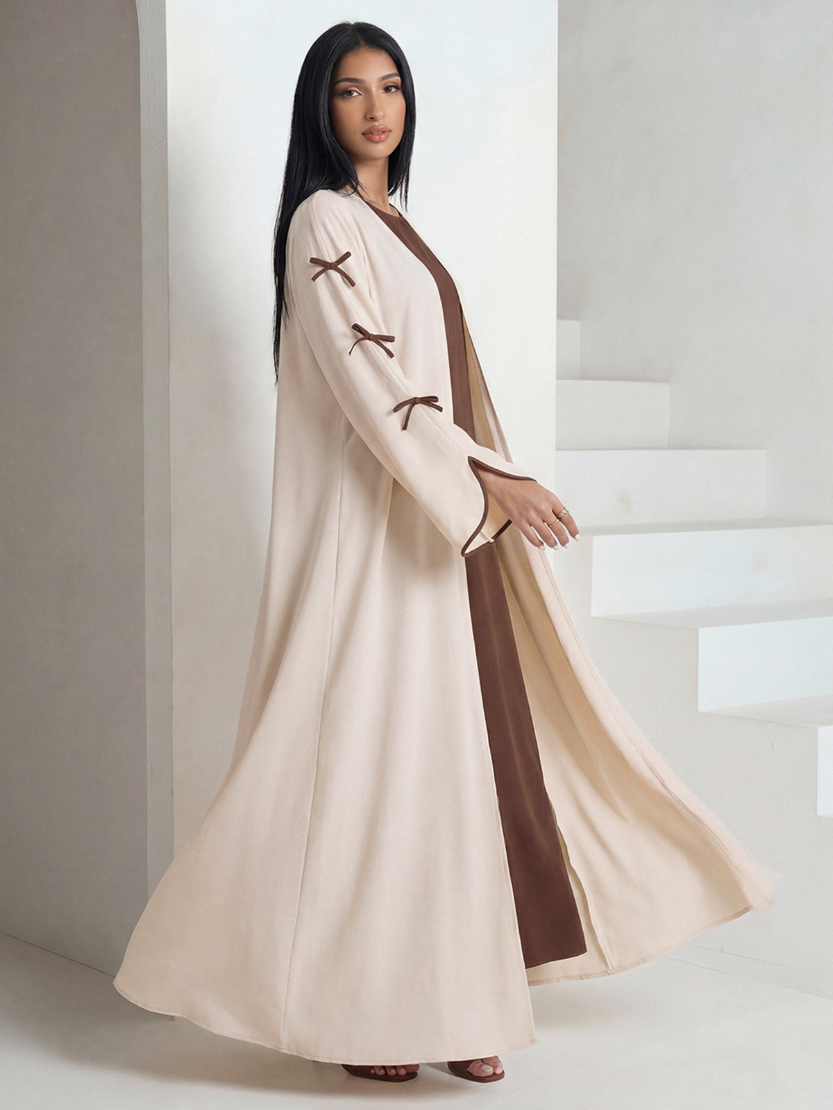 Dress & Bow-Trim Open Abaya Jacket Set