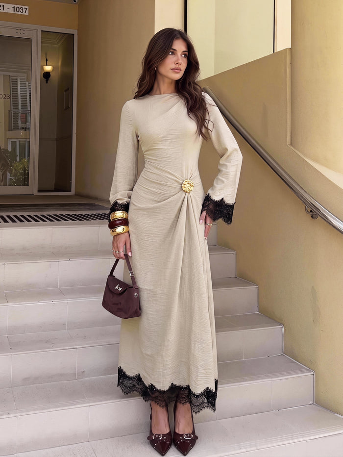 Twist-Front Flare Sleeve Dress with Metal Buckle - Apricot