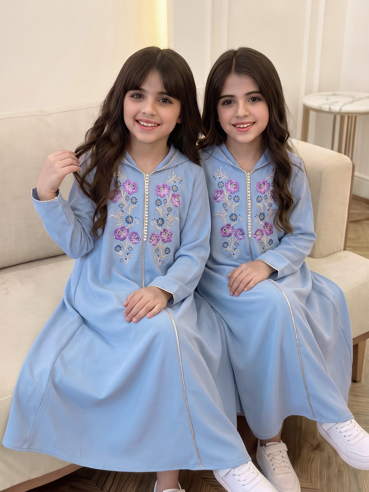 Girls' Floral-Embroidered Hooded Abaya Dress