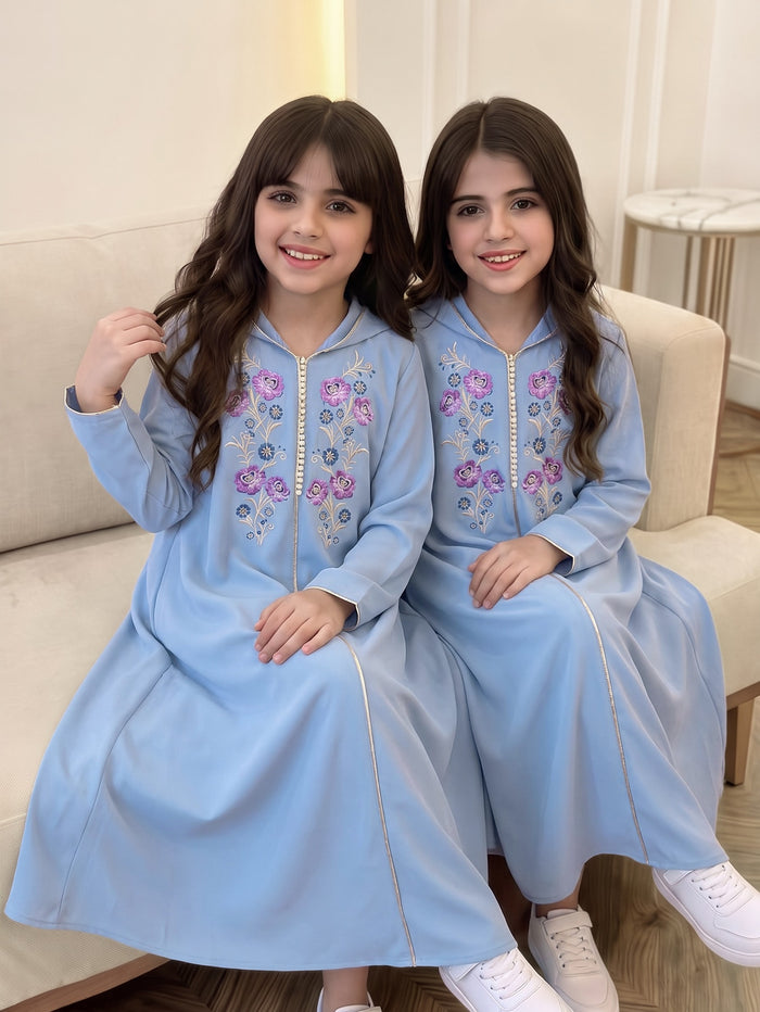 Girls' Floral-Embroidered Hooded Abaya Dress - Blue